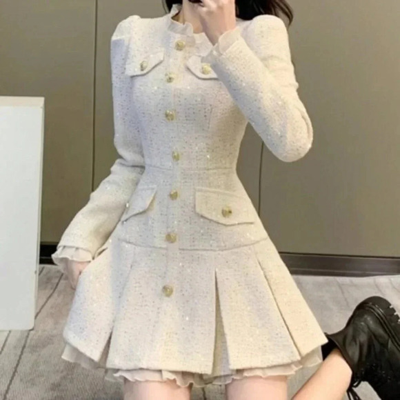 Apricot Elegant Women's Sequin Tweed Pleated Single Breasted Mini Dress - Picture 1 of 7